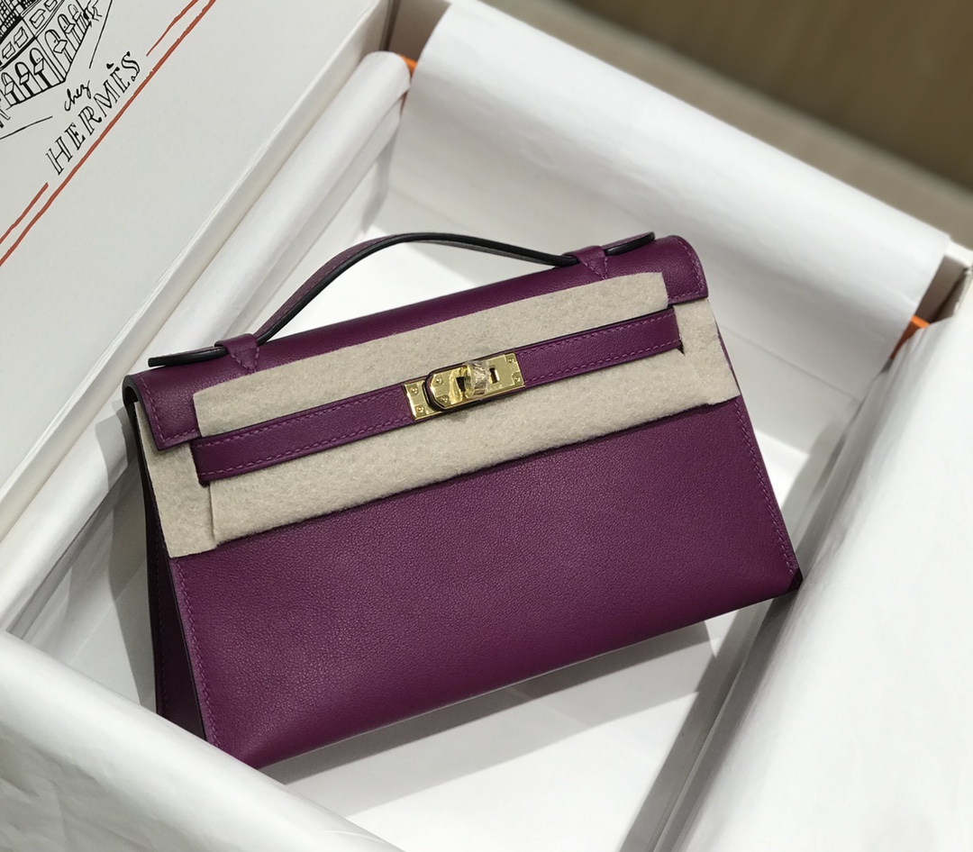 Hermes Mini Kelly Pochette 22cm Bag In Dark Purple Swift Leather